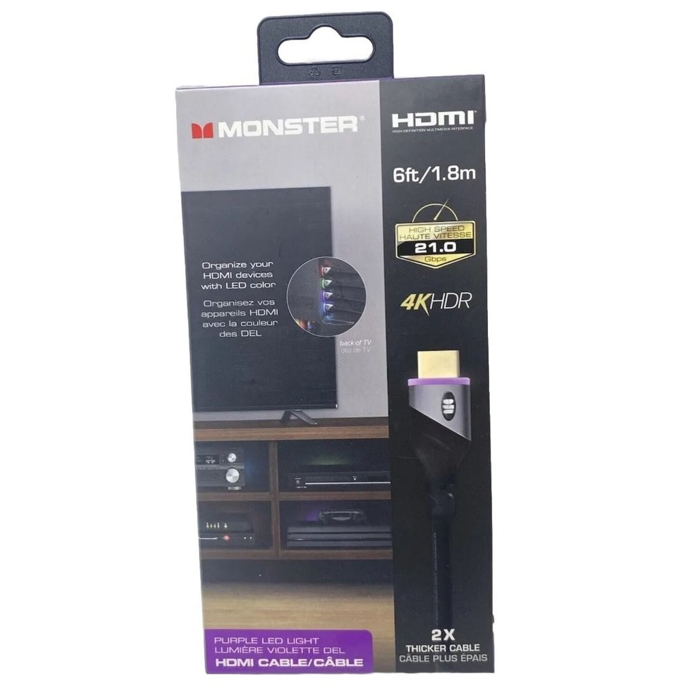 Brand New Monster Purple LED Light HDMI Cable 4k 6Ft HDR